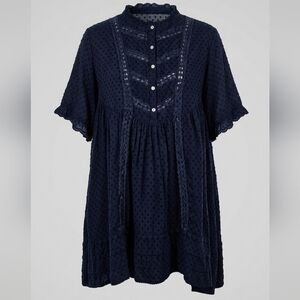 FRNCH Paris Navy Blue Eyelet Lace Mini Dress Scallop High Neck Swiss Dot Boho M